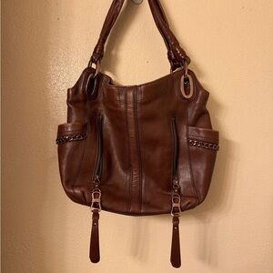 B. Makowsky Brown Pebbled Leather Hobo Bag Chain Detail Y2K